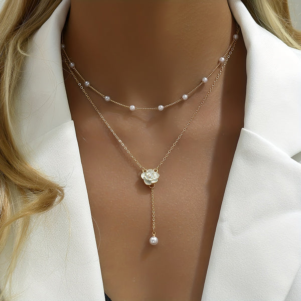 Two layer rose and pearl necklace